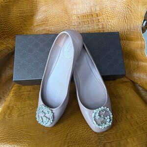 Gucci Ballet Flats Pink Square Toe GG Crystal Logo Size 36 1/2